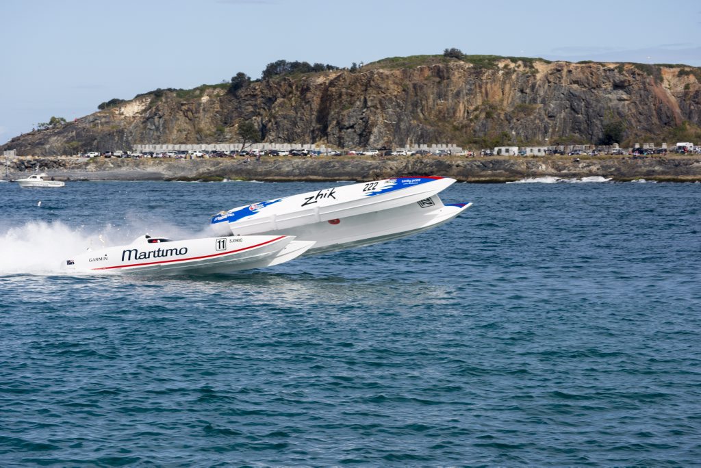 Two superboats crash during the Australian Offshore Superboat Championships in Coffs Harbour. Two superboats crash during the Australian Offshore Superboat Championships in Coffs Harbour.